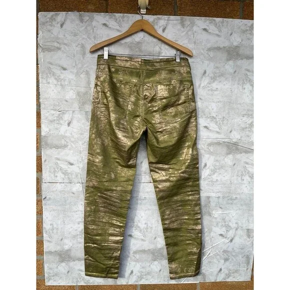 ALEMBIKA Green Gold Foil Cargo Pants | Size 2 | US 10 Designer Boho Luxe Punk - Picture 8 of 12